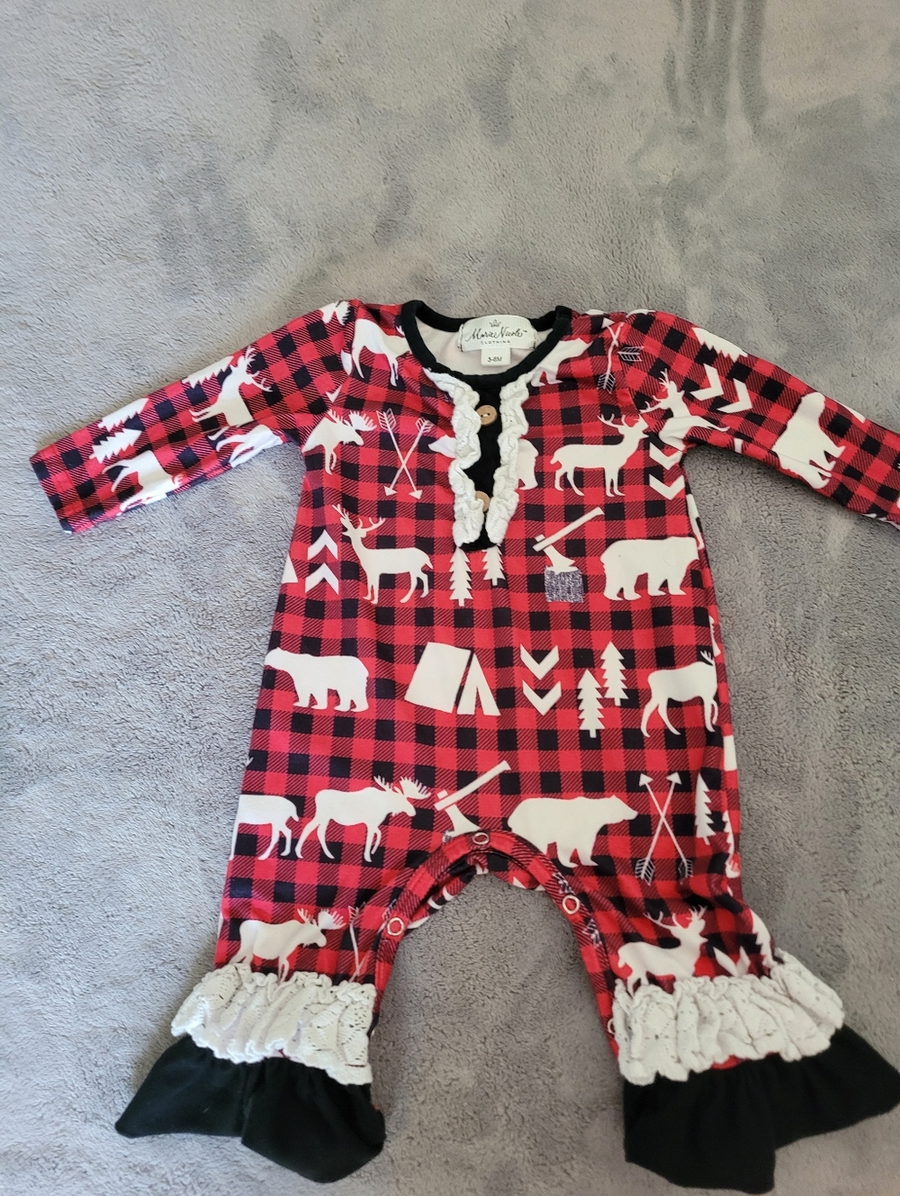 Marie Nicole Infant Girl One Piece Ruffle Legs Deer Bears 3/6 Months Red Blk EUC